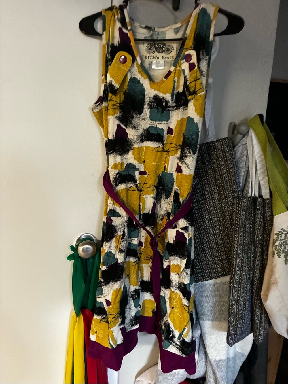 Effie's Heart Mustard Abstract V-Neck Dress with Teal, Black & Purple Accents